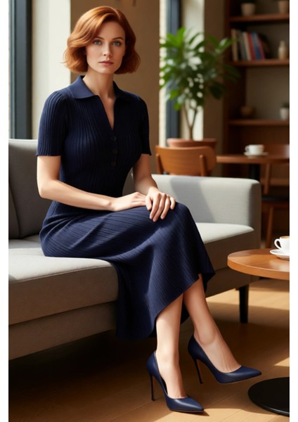 Kadın Triko Bodycon Maxi Elbise Polo Yaka Standart Kısa Kollu Günlük Tarz Ilkbahar Sonbahar