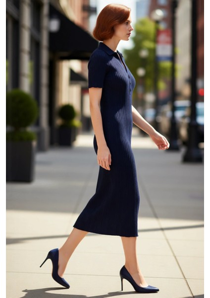 Kadın Triko Bodycon Maxi Elbise Polo Yaka Standart Kısa Kollu Günlük Tarz Ilkbahar Sonbahar fırsatları