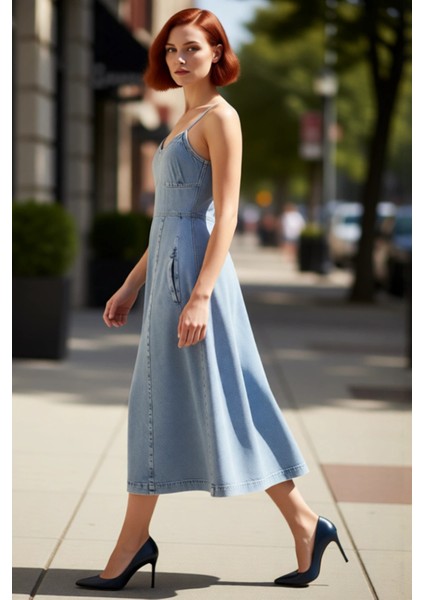 Kadınlar Için %100 Pamuk Denim Askılı Elbise V Yaka Midi Boy Eteği Fırfırlı Ilkbahar Yaz Stili fırsatları