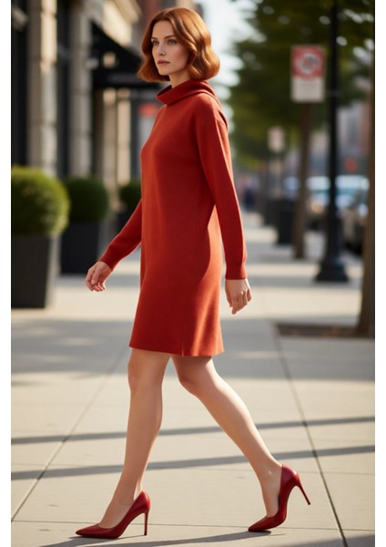 Kadın Balıkçı Yaka Shift Kalıp Akrilik Triko Kazak Elbise Uzun Kollu Kışlık Rahat Şık Tasarım