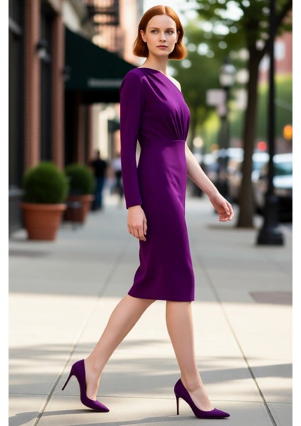 Kadın Bodycon Kesim Tek Omuzlu Drape Detaylı Midi Boy Elbise Şık Davetler Için Zarif Bir Seçim