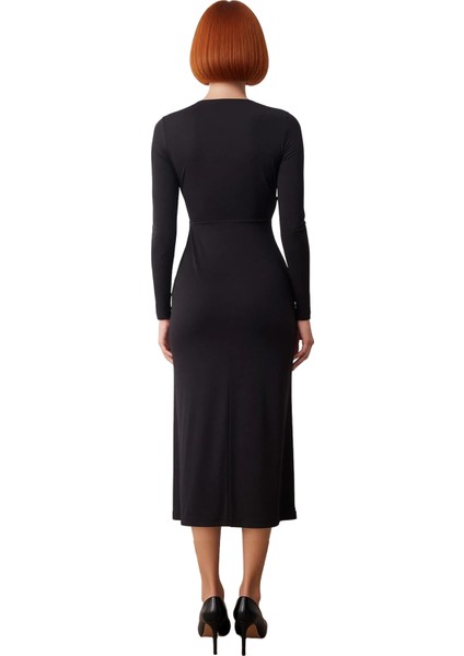 Kadın Şık Örme Siyah Maxi Elbise Derin V Yaka Agrafe Detayı Ile Özel Günlerin Yıldızı Olun fırsatları