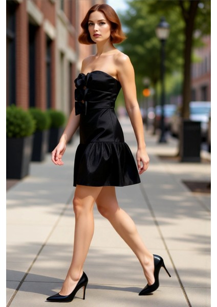 Kadın Fashion Forward Straplez Fiyonk Detaylı Cut Outlı A Kesim Mini Elbise Şık Davetler Kaliteli