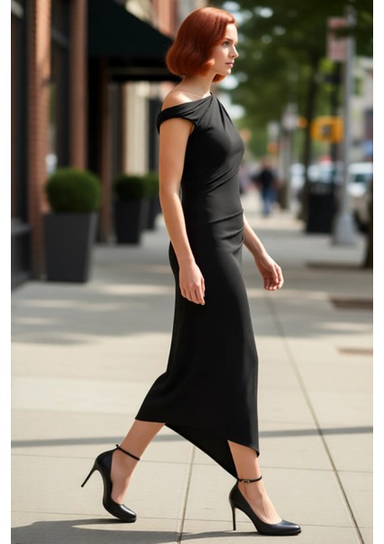 Kadınlar Için Özel Tasarım Asimetrik Yaka Kolsuz Maxi Abiye Elbise Şık Gece Davetleri Ideal