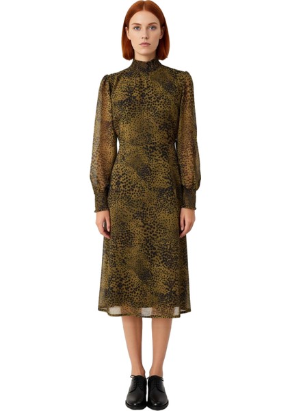 Kadın A Line Balon Kol Gipeli Midi Elbise Dik Yaka Şifon Animal Desenli Şık ve Zarif Bir Seçim modelleri