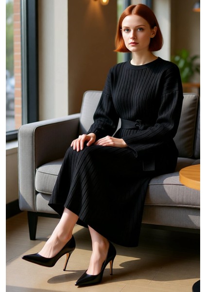 Kadınlar Için Özel Triko Ribana Kuşaklı Maxi Elbise Düz Desenli Uzun Düşük Kollu Kışlık Şıklık fiyatları