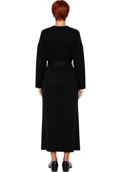 Kadınlar Için Özel Triko Ribana Kuşaklı Maxi Elbise Düz Desenli Uzun Düşük Kollu Kışlık Şıklık fırsatları