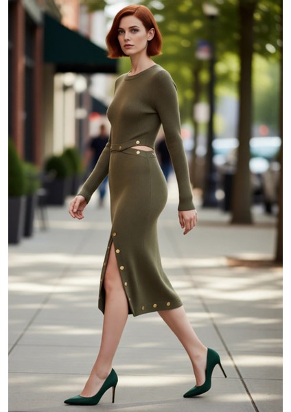 Kadın Haki Triko A Line Maxi Elbise Fitilli Dokulu Çıtçıt Detaylı Modern Şık Tasarım Kaliteli