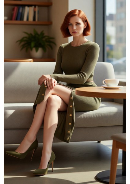 Kadın Haki Triko A Line Maxi Elbise Fitilli Dokulu Çıtçıt Detaylı Modern Şık Tasarım Kaliteli fiyatları