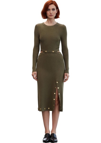 Kadın Haki Triko A Line Maxi Elbise Fitilli Dokulu Çıtçıt Detaylı Modern Şık Tasarım Kaliteli modelleri