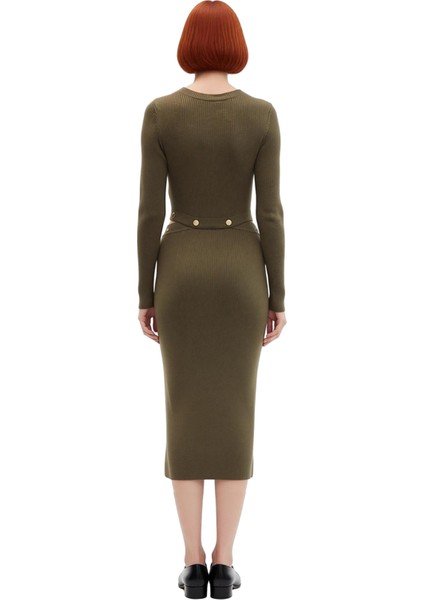 Kadın Haki Triko A Line Maxi Elbise Fitilli Dokulu Çıtçıt Detaylı Modern Şık Tasarım Kaliteli fırsatları