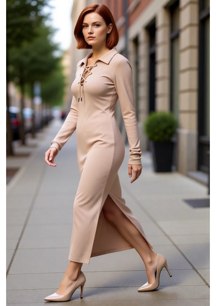 Kadın Bodycon Uzun Kollu Pamuklu Fitilli Midi Elbise Polo Yaka Bağlama Detaylı Şık Günlük Stile