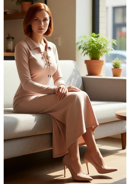 Kadın Bodycon Uzun Kollu Pamuklu Fitilli Midi Elbise Polo Yaka Bağlama Detaylı Şık Günlük Stile fiyatları