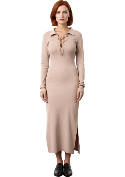 Kadın Bodycon Uzun Kollu Pamuklu Fitilli Midi Elbise Polo Yaka Bağlama Detaylı Şık Günlük Stile modelleri