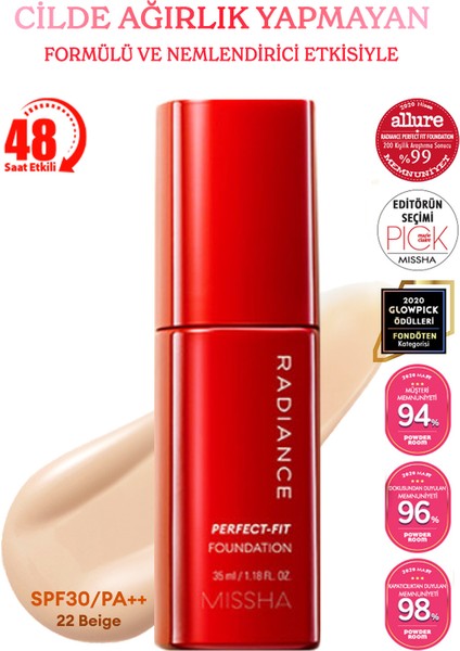 Uzun Süre Kalıcı, Mat Bitişli Fondöten Radiance Perfect Fit Foundation (No.22 Beige) SPF30+/PA+++