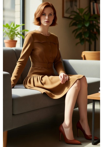 Kadın Süet Dokuma Skater Mini Elbise Kemer Detaylı Uzun Kollu Gündüz Şıklığıyla Öne Çıkar Kaliteli fiyatları