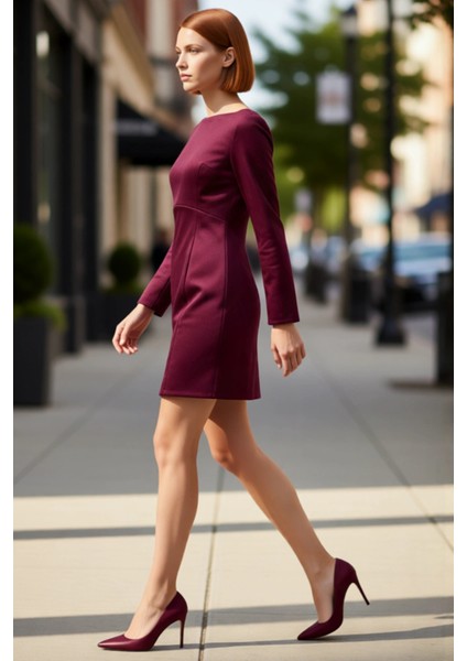 Kadın Bordo Süet Dokulu Shift Mini Elbise Truvakar Koluyla Kış Şıklığınızı Tamamlayın Kaliteli