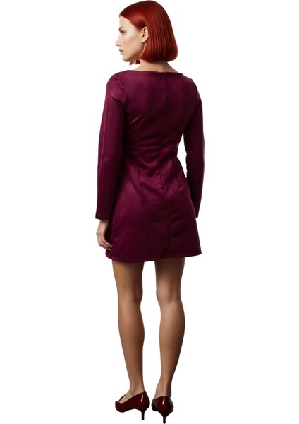 Kadın Bordo Süet Dokulu Shift Mini Elbise Truvakar Koluyla Kış Şıklığınızı Tamamlayın Kaliteli fırsatları