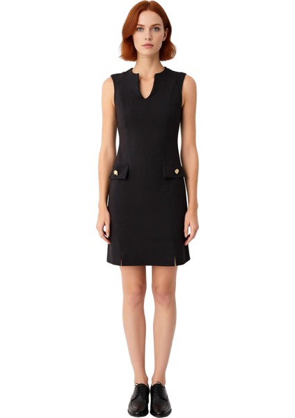 Kadın Siyah Dokuma Mini Elbise Aksesuar Detaylı Kolsuz Kaçık Yaka Şık Skater Kesim Kaliteli modelleri