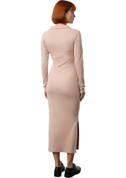 Kadın Bodycon Uzun Kollu Pamuklu Fitilli Midi Elbise Polo Yaka Bağlama Detaylı Şık Günlük Stile fırsatları