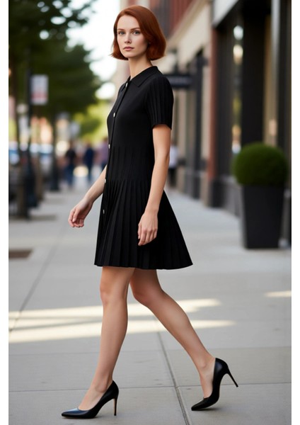 Kadın Polo Yaka A Line Kısa Kol Fitilli Skater Elbise Modern Triko Dokulu Rahat Giyim Için Ideal