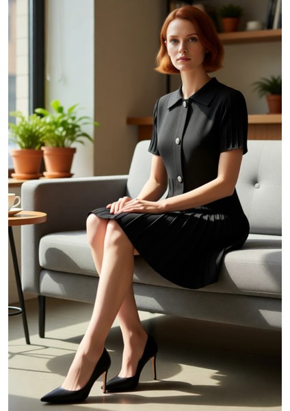 Kadın Polo Yaka A Line Kısa Kol Fitilli Skater Elbise Modern Triko Dokulu Rahat Giyim Için Ideal fiyatları