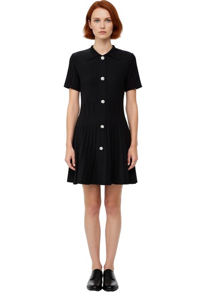 Kadın Polo Yaka A Line Kısa Kol Fitilli Skater Elbise Modern Triko Dokulu Rahat Giyim Için Ideal modelleri