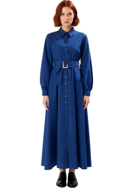 Kadın Kuşaklı Gömlek Yaka Dokuma Maxi Boy Uzun Kollu Düz Desen Şık Elbise Ofis ve Günlük modelleri