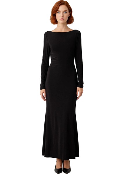 Kadın Bodycon Maxi Boy Uzun Kollu Kayık Yaka Örme Sandy Kumaş Zarif Kışlık Balo Elbisesi Kaliteli modelleri