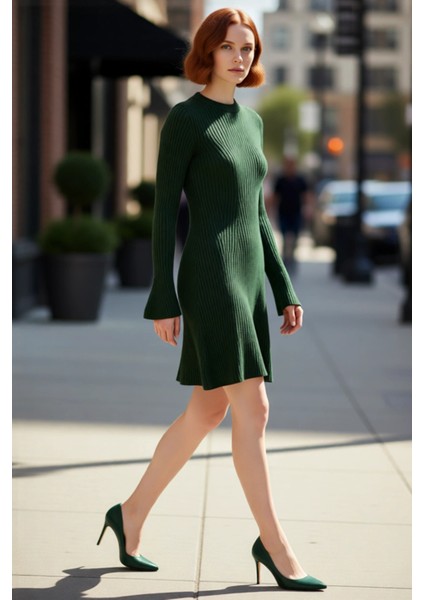 Kadınlar Için Kışlık Gri A Line Kesim Fitilli Triko Mini Elbise Bisiklet Yaka Uzun Kollu Şıklık