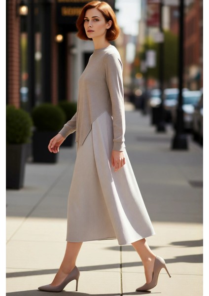 Kadın Siyah Üst Triko Garnili Çizgili Pamuklu Midi Elbise Rahat Şık Günlük Stile Uygun Kaliteli