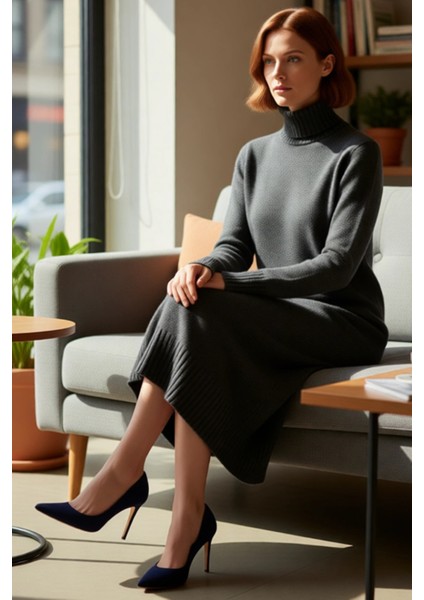 Kadınlara Özel Düz Desen Balıkçı Yaka Midi Triko Elbise Kış Aylarının Rahat ve Şık Seçimi Kaliteli fiyatları