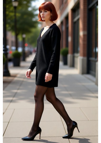 Kadın Shift Kalıp V Yaka Düşük Kollu Triko Kazak Elbise Günlük Şık Konforlu Kombinler Için Ideal