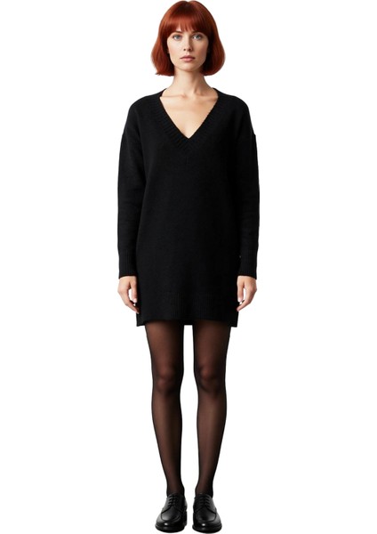 Kadın Shift Kalıp V Yaka Düşük Kollu Triko Kazak Elbise Günlük Şık Konforlu Kombinler Için Ideal modelleri