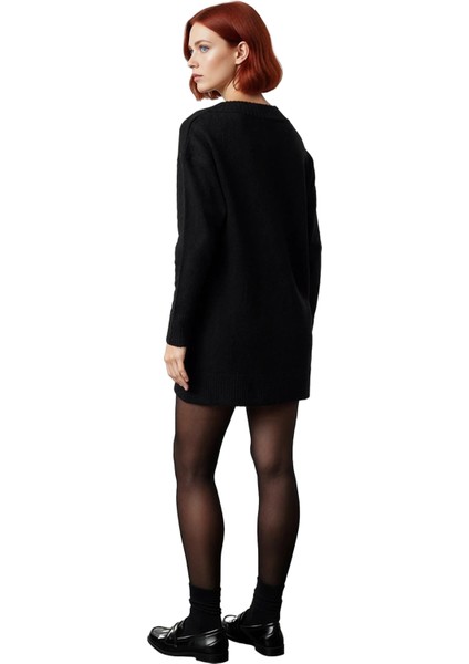 Kadın Shift Kalıp V Yaka Düşük Kollu Triko Kazak Elbise Günlük Şık Konforlu Kombinler Için Ideal fırsatları