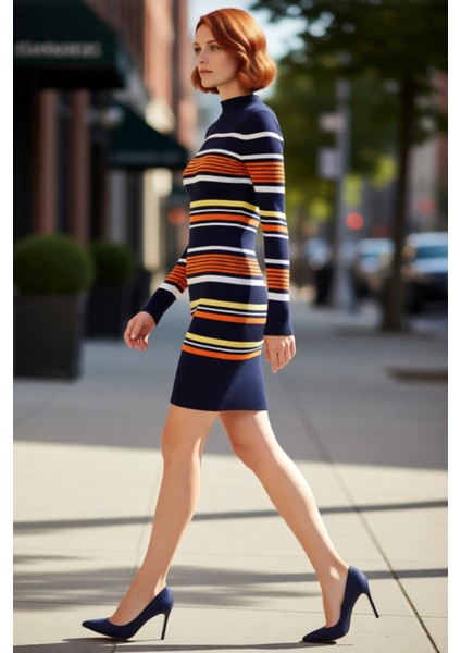 Kadın Lacivert Renk Bloklu Fitilli Akrilik Bodycon Mini Elbise Uzun Kollu Dik Yaka Kışlık Şık Günlük