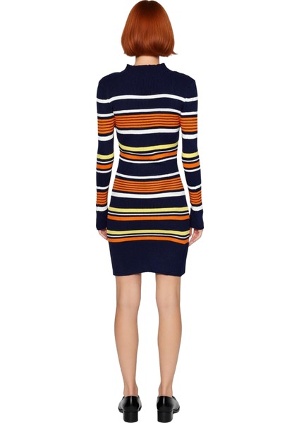 Kadın Lacivert Renk Bloklu Fitilli Akrilik Bodycon Mini Elbise Uzun Kollu Dik Yaka Kışlık Şık Günlük fırsatları