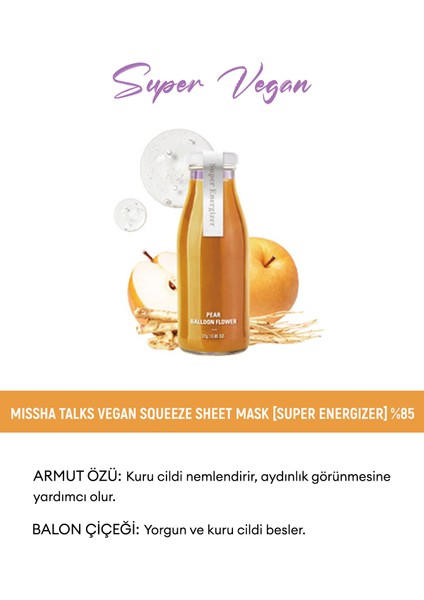 Nemlendirici ve Aydınlatıcı Vegan Yaprak Maske Talks Vegan Squeeze Sheet Mask (Super Energizer)
