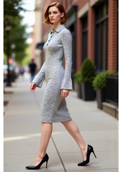 Kadın Degrade Desen Bodycon Polo Yaka Midi Triko Elbise Ispanyol Kol Detayıyla Kışa Özel Kaliteli