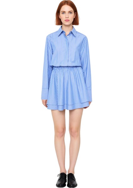 Kadın Mavi Çizgili Gömlek Yaka Düşük Kol Poplin Mini Elbise Bel Lastik Detaylı Günlük Şıklık modelleri