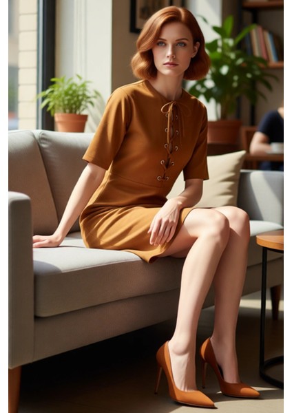 Fashion Forward Kadınlar Için A Line Kesimli Bağcık Detaylı Süet Görünümlü Örme Elbise Kaliteli