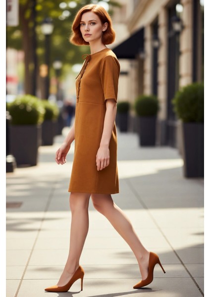 Fashion Forward Kadınlar Için A Line Kesimli Bağcık Detaylı Süet Görünümlü Örme Elbise Kaliteli fırsatları