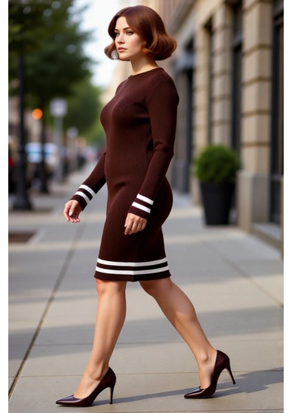 Kadın Bodycon Kesim Fitilli Triko Kazak Elbise Çizgili Detaylı Bisiklet Yaka Uzun Kollu Stil