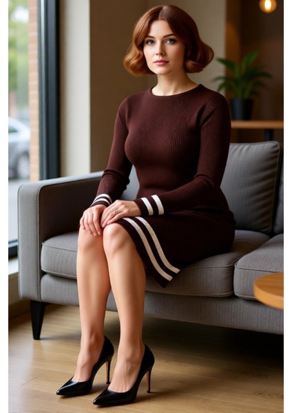 Kadın Bodycon Kesim Fitilli Triko Kazak Elbise Çizgili Detaylı Bisiklet Yaka Uzun Kollu Stil fiyatları