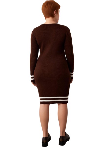 Kadın Bodycon Kesim Fitilli Triko Kazak Elbise Çizgili Detaylı Bisiklet Yaka Uzun Kollu Stil fırsatları