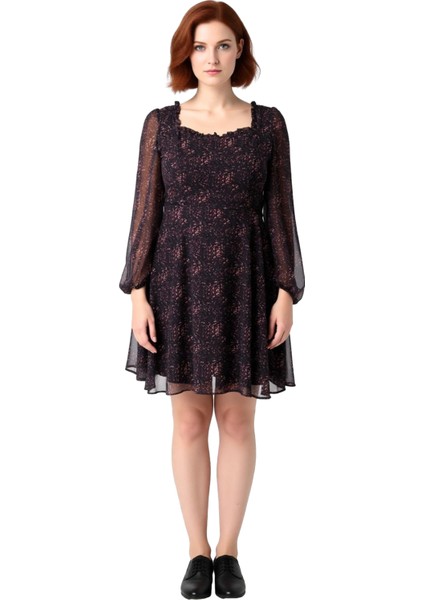 Kadın Büyük Beden A Line Şifon Geometrik Desenli Mini Kalp Yaka Balon Kol Ilkbahar Sonbahar Elbise modelleri