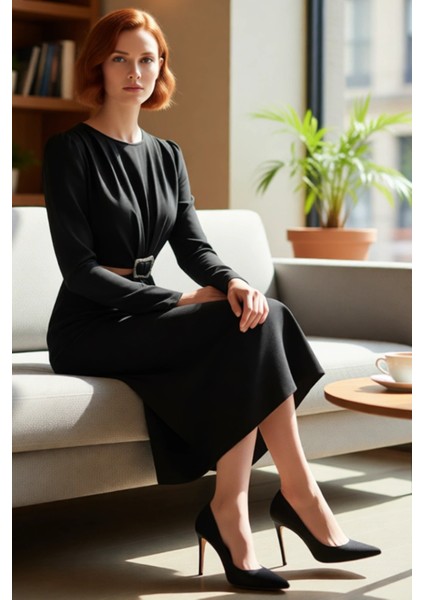 Kadın A Line Kesim Midi Boy Uzun Kollu Dokuma Kışlık Cut Outlı Aksesuar Detaylı Şık Elbise fiyatları