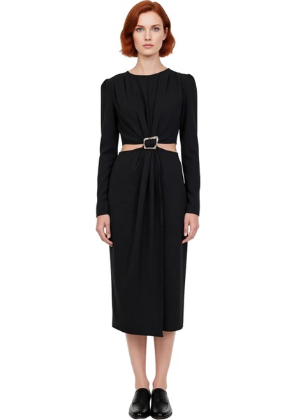 Kadın A Line Kesim Midi Boy Uzun Kollu Dokuma Kışlık Cut Outlı Aksesuar Detaylı Şık Elbise modelleri