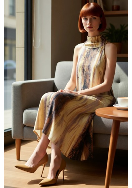 Kadınlar Için Şık Shift Kalıp Kolsuz Maxi Saten Dokuma Elbise Halter Yaka Soyut Desen Yazlık Konfor fiyatları