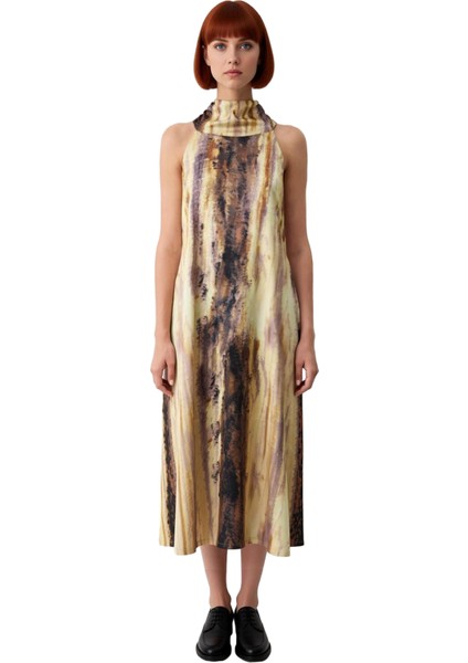 Kadınlar Için Şık Shift Kalıp Kolsuz Maxi Saten Dokuma Elbise Halter Yaka Soyut Desen Yazlık Konfor modelleri